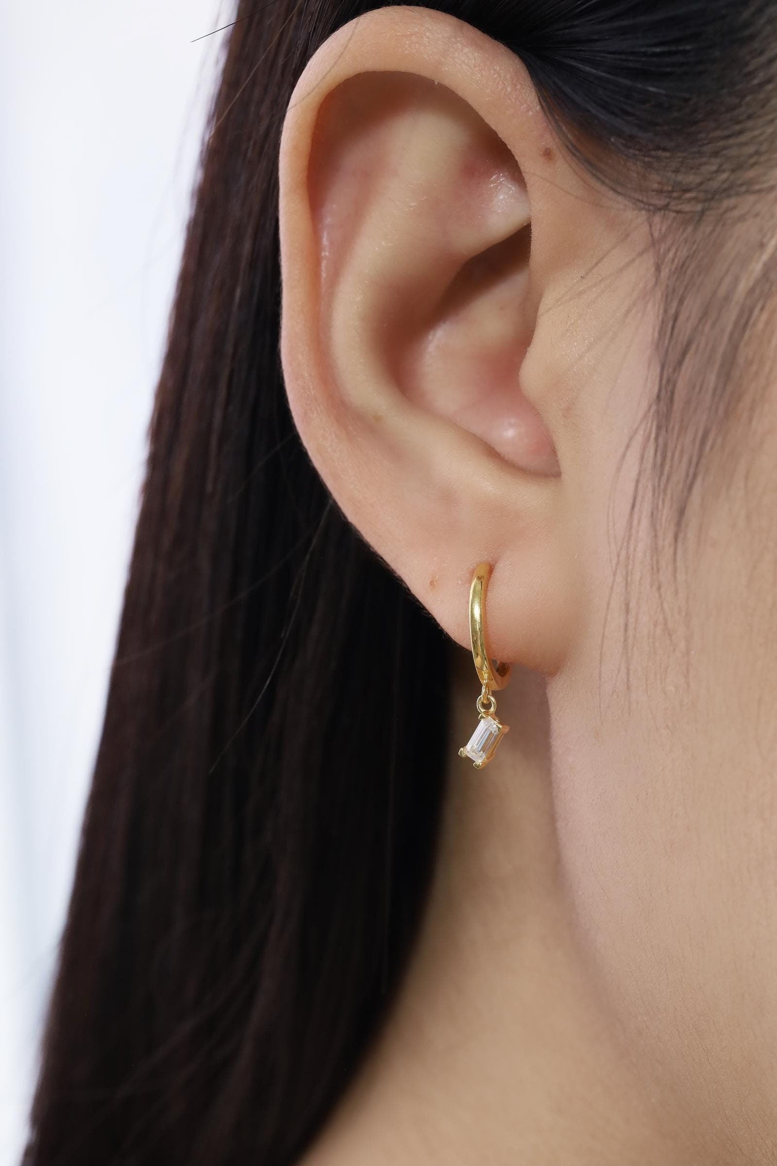 Dangle Drop Baguette Diamond Hoop Earrings, Elegant Diamond Hoops, Luxury Diamond Earrings Gift for Women, Wedding Gift